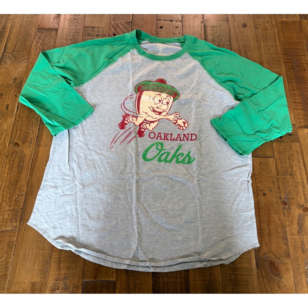 Ebbets Field Flannels Oakland Oaks Baseball Raglan Shirt Grey Green Mens Large